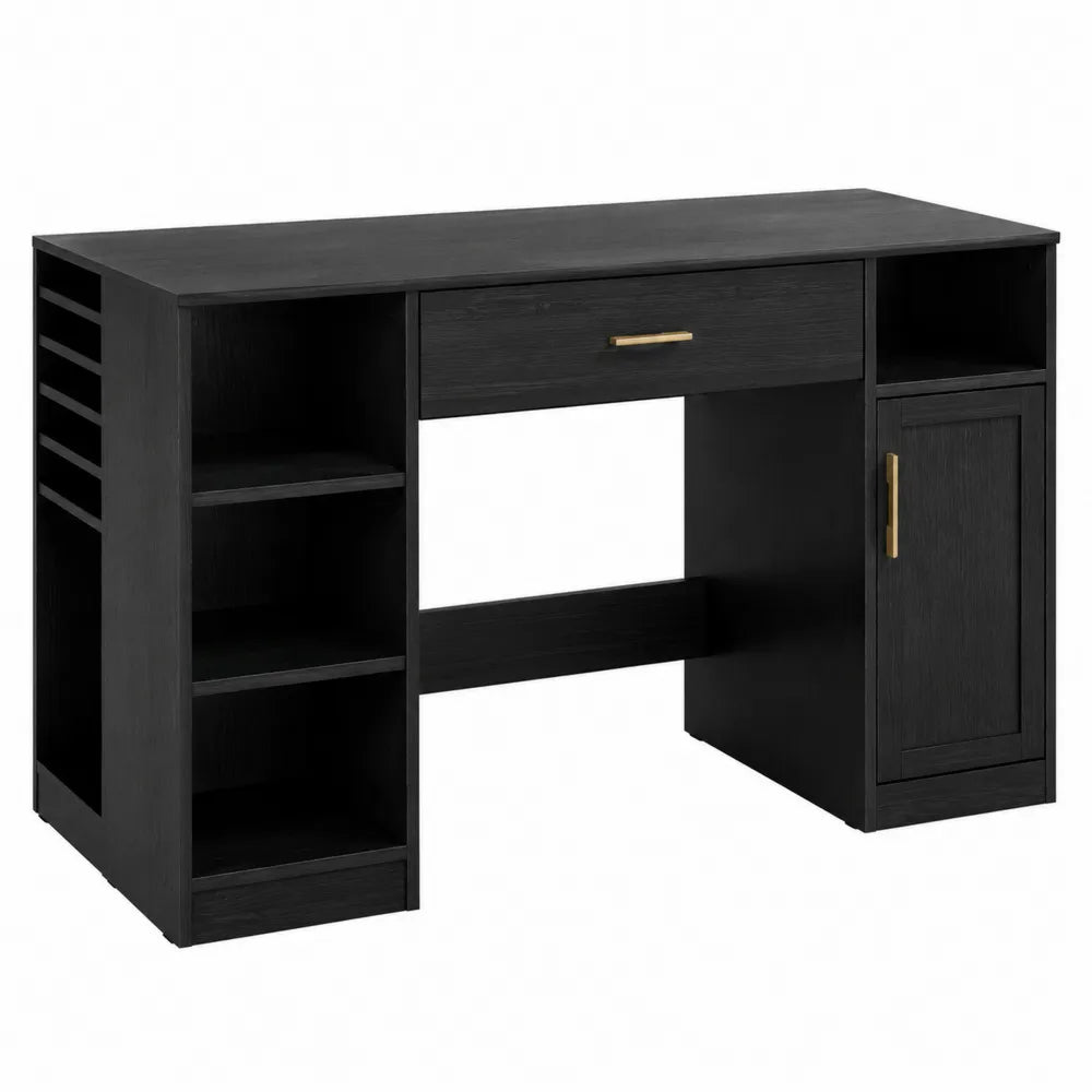 scrivania da ufficio in legno ingegnerizzato nero con cassetto centrale e mobile laterale con anta e vani a giorno 140 cm x 60 cm x 75 cm