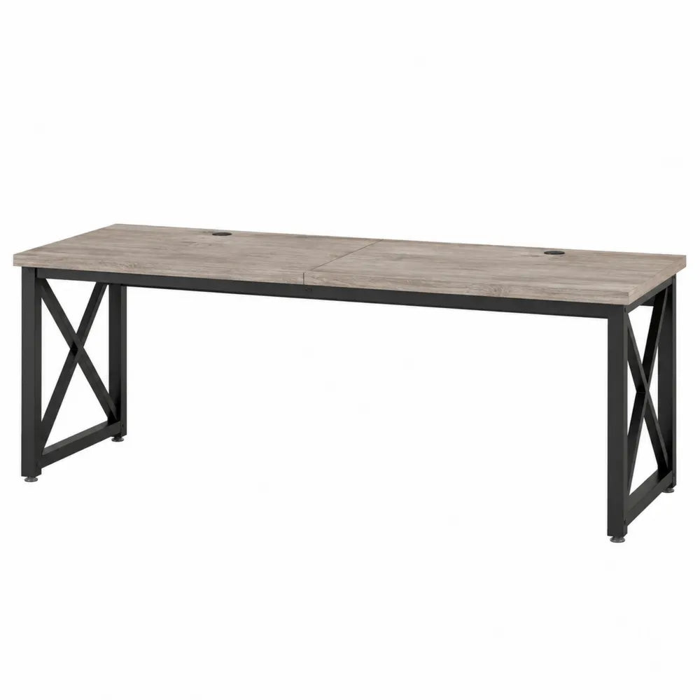 Scrivania doppia postazione 180 x 60 x 75 cm in pannelli effetto legno grigio chiaro e struttura in acciaio nero con passacavi e gambe a X