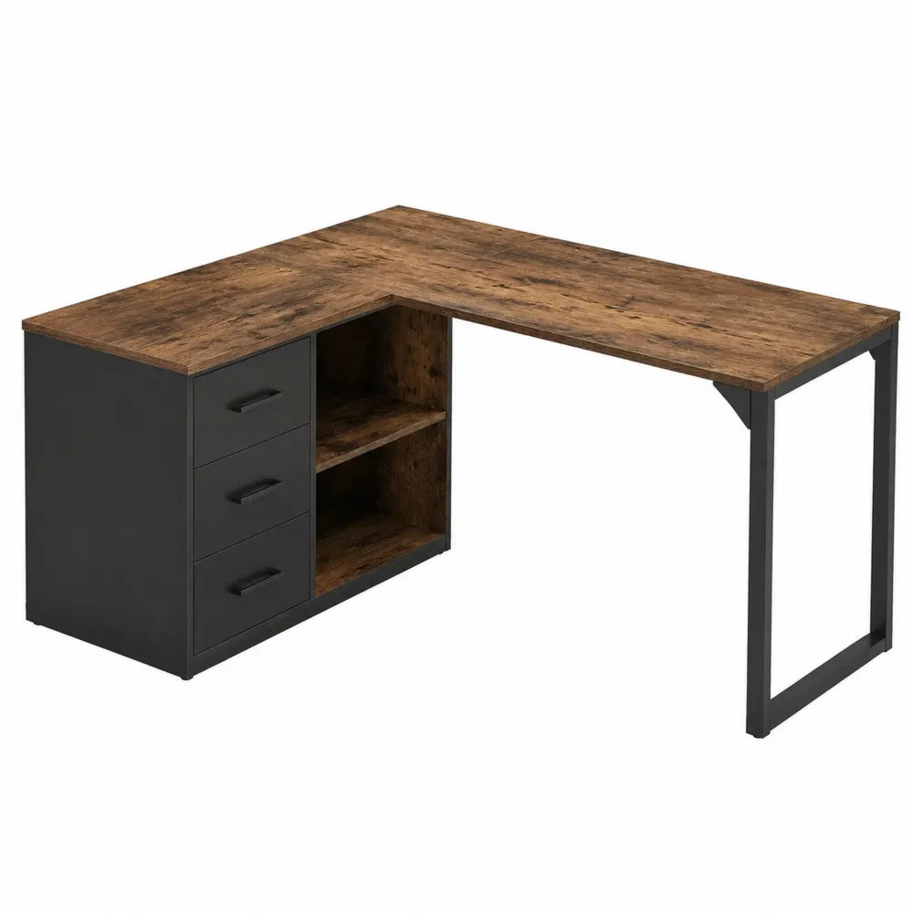 scrivania angolare a L in legno ingegnerizzato effetto legno rustico con cassettiera laterale nera e struttura in metallo 140 cm x 120 cm x 75 cm