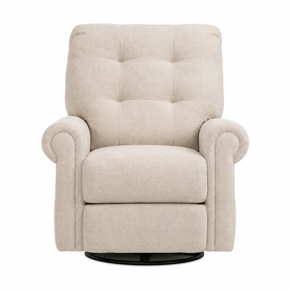 Poltrona girevole imbottita con braccioli rivestimento in tessuto colore beige struttura in legno e base in metallo nero stile moderno