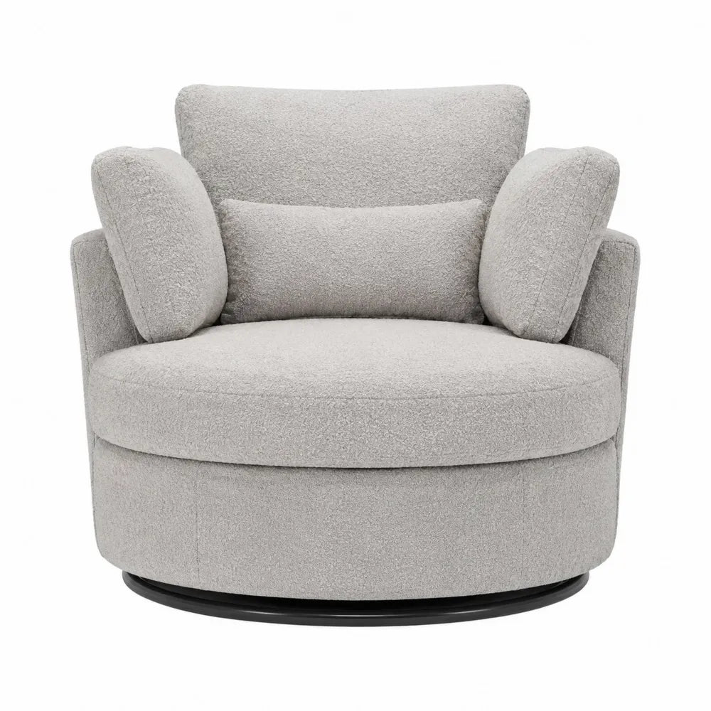 Poltrona girevole imbottita in tessuto bouclé grigio chiaro con base nera 85 x 90 x 75 cm