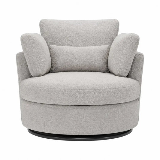 Poltrona girevole imbottita in tessuto bouclé grigio chiaro con base nera 85 x 90 x 75 cm