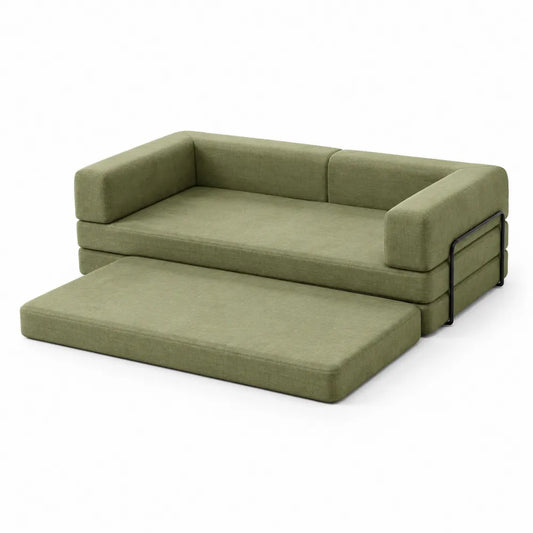 Divano letto estraibile in tessuto poliestere verde oliva con struttura in legno multistrato e metallo con rete letto integrata dimensioni 200 cm 95 cm 75 cm