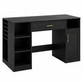 scrivania da ufficio in legno ingegnerizzato nero con cassetto centrale e mobile laterale con anta e vani a giorno 140 cm x 60 cm x 75 cm