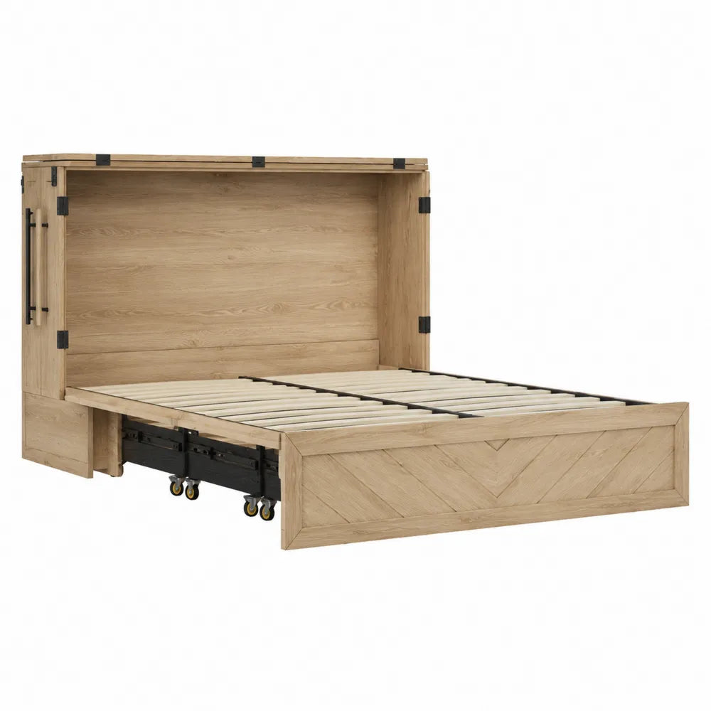 Letto a scomparsa orizzontale con contenitore struttura in MDF effetto rovere e acciaio nero rete a doghe e meccanismo pieghevole