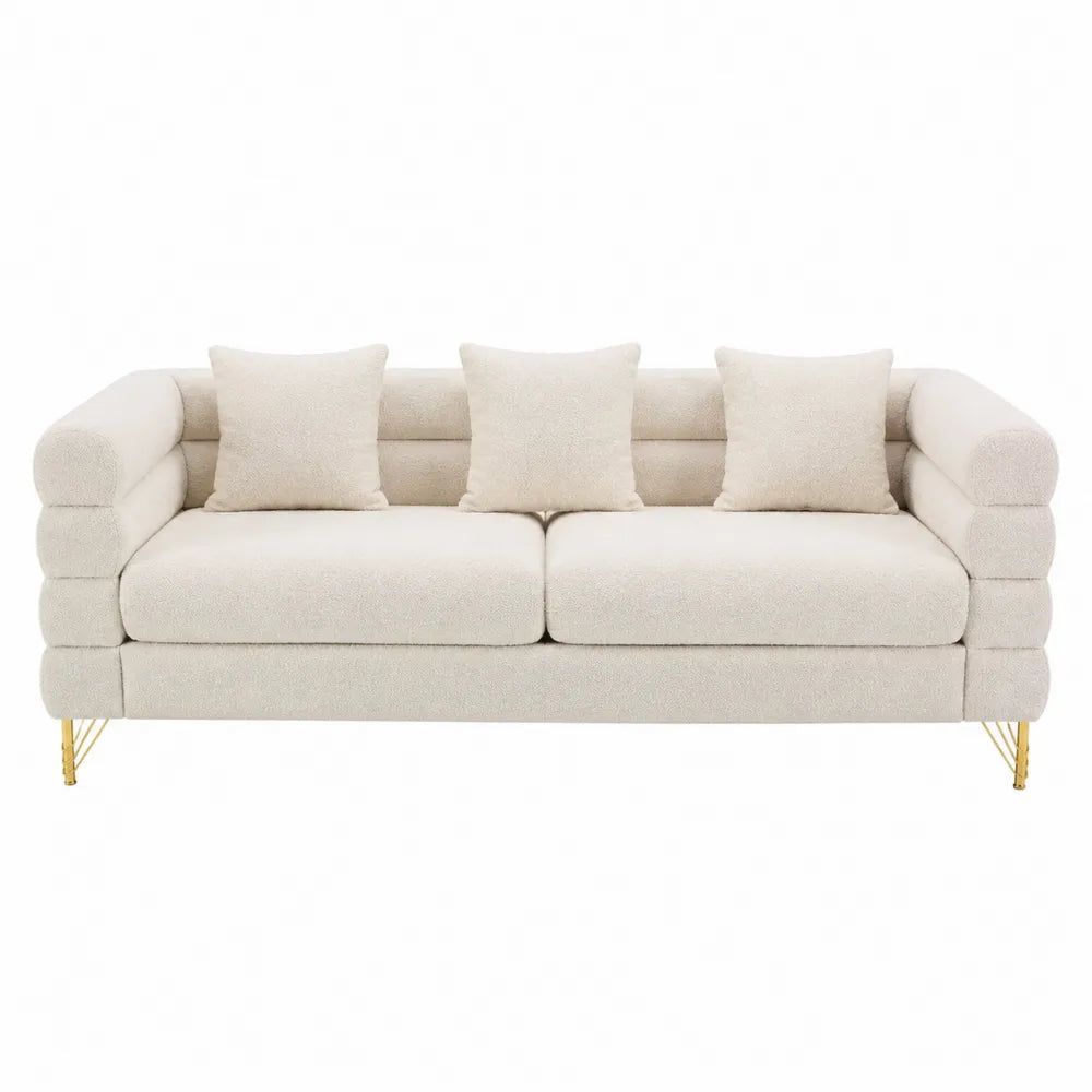 Divano 3 posti imbottito in tessuto bouclé beige con struttura in legno multistrato e gambe in metallo dorato