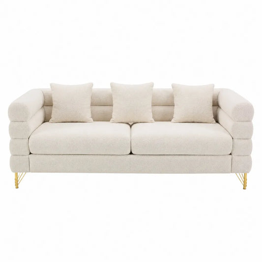 Divano 3 posti imbottito in tessuto bouclé beige con struttura in legno multistrato e gambe in metallo dorato