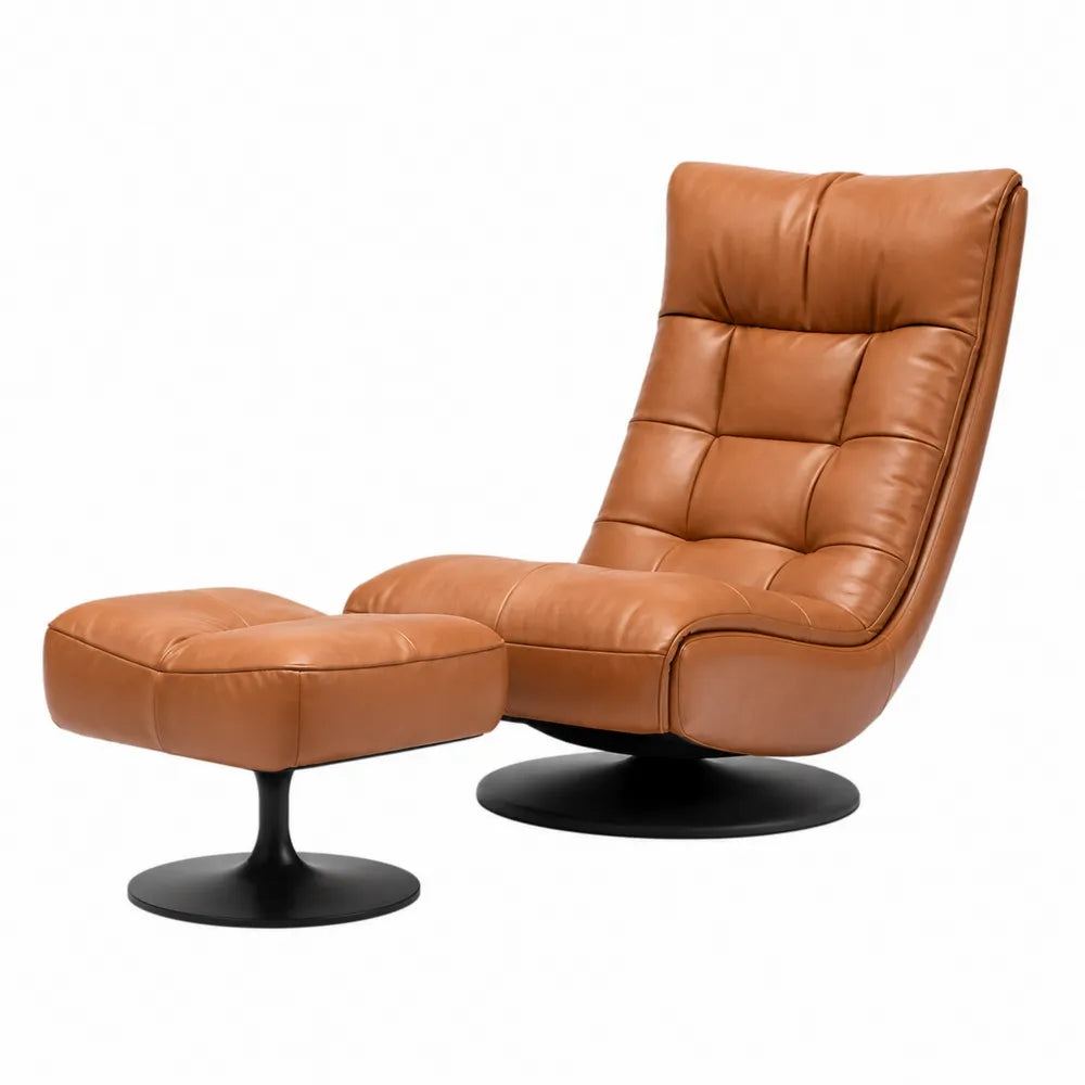 Poltrona relax girevole con pouf in ecopelle marrone struttura in metallo nero set 2 pezzi