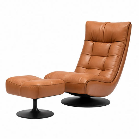 Poltrona relax girevole con pouf in ecopelle marrone struttura in metallo nero set 2 pezzi