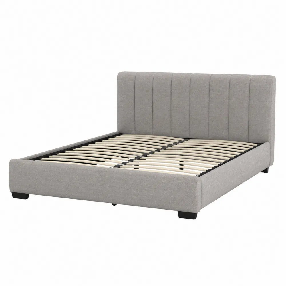 Letto matrimoniale imbottito in tessuto grigio con rete a doghe struttura in legno e metallo design moderno