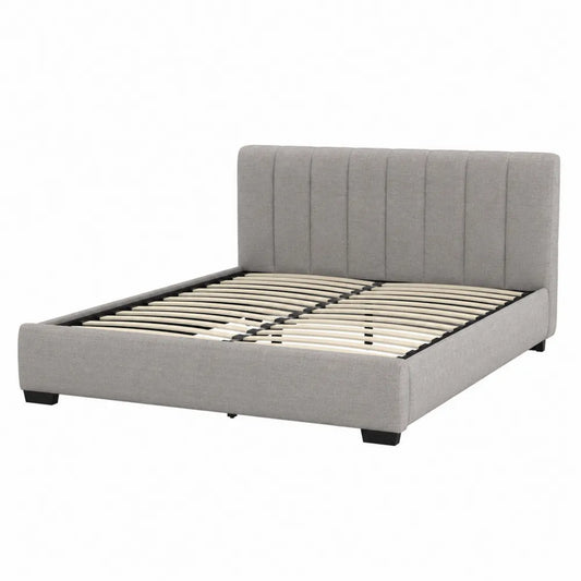 Letto matrimoniale imbottito in tessuto grigio con rete a doghe struttura in legno e metallo design moderno