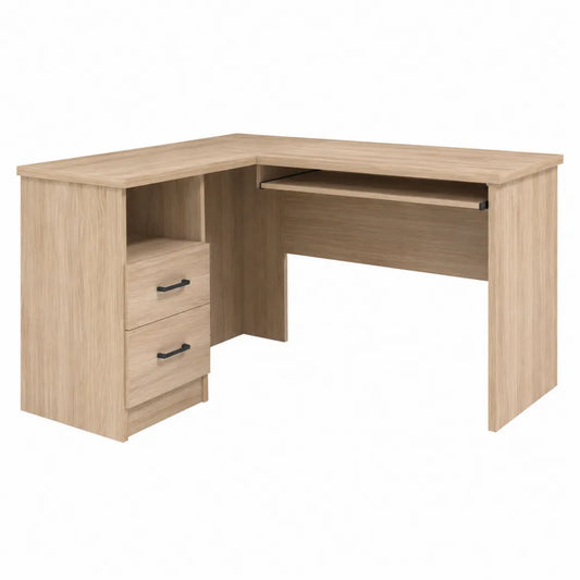 Scrivania a L 140 cm x 120 cm x 75 cm in MDF effetto rovere struttura in legno ingegnerizzato con cassetti e vano a giorno colore rovere naturale