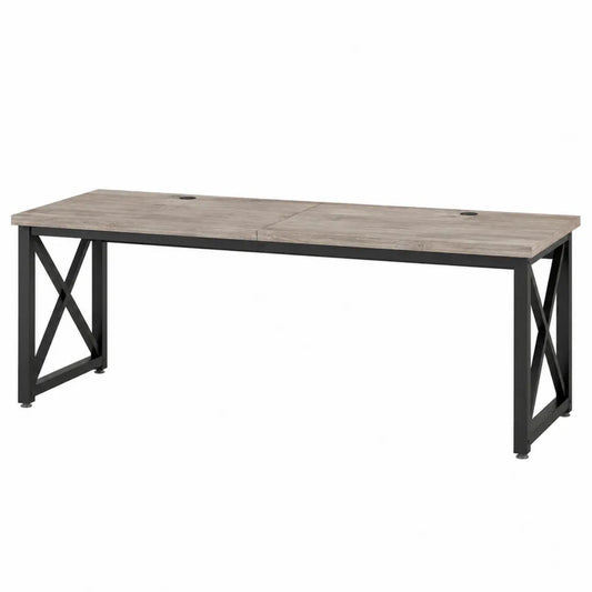 Scrivania doppia postazione 180 x 60 x 75 cm in pannelli effetto legno grigio chiaro e struttura in acciaio nero con passacavi e gambe a X