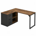 scrivania angolare a L in legno ingegnerizzato effetto legno rustico con cassettiera laterale nera e struttura in metallo 140 cm x 120 cm x 75 cm