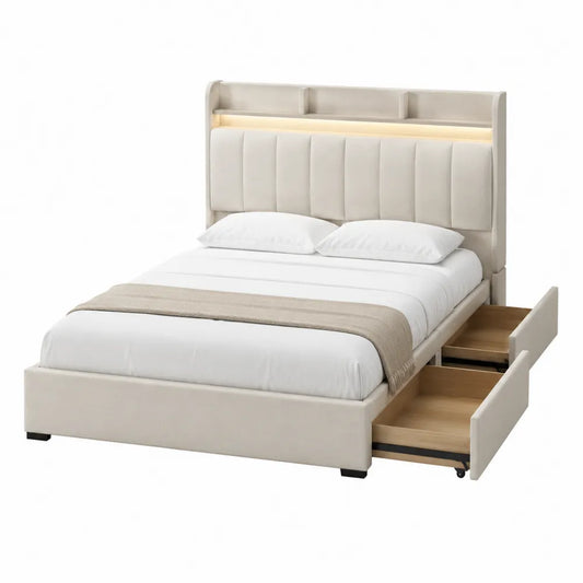 Letto matrimoniale imbottito con cassetti estraibili, testiera con illuminazione LED e struttura in legno ingegnerizzato beige circa 160 x 200 cm
