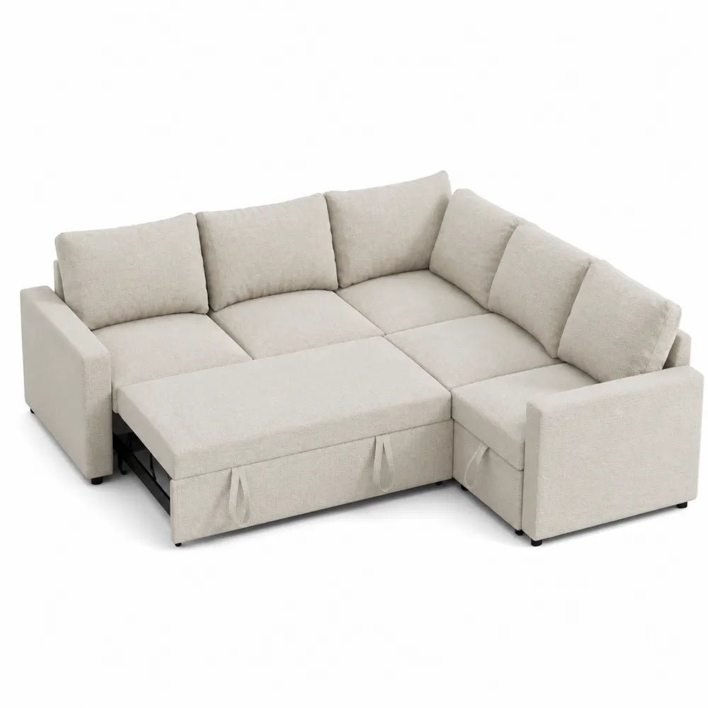Divano angolare modulare con chaise e contenitore in tessuto poliestere beige chiaro 260 x 160 x 85 cm funzione letto con vani portaoggetti struttura in legno multistrato