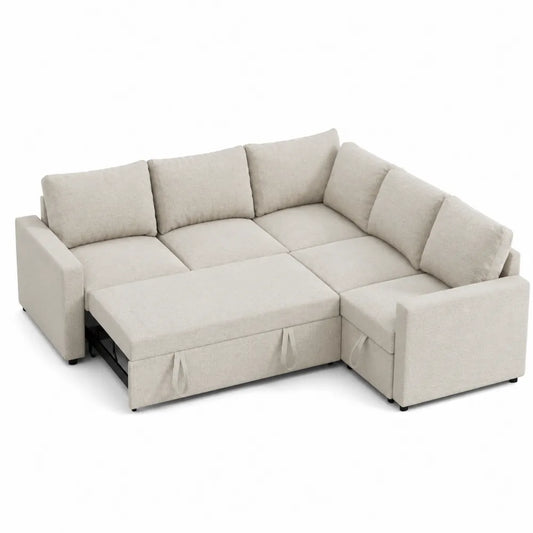 Divano angolare modulare con chaise e contenitore in tessuto poliestere beige chiaro 260 x 160 x 85 cm funzione letto con vani portaoggetti struttura in legno multistrato