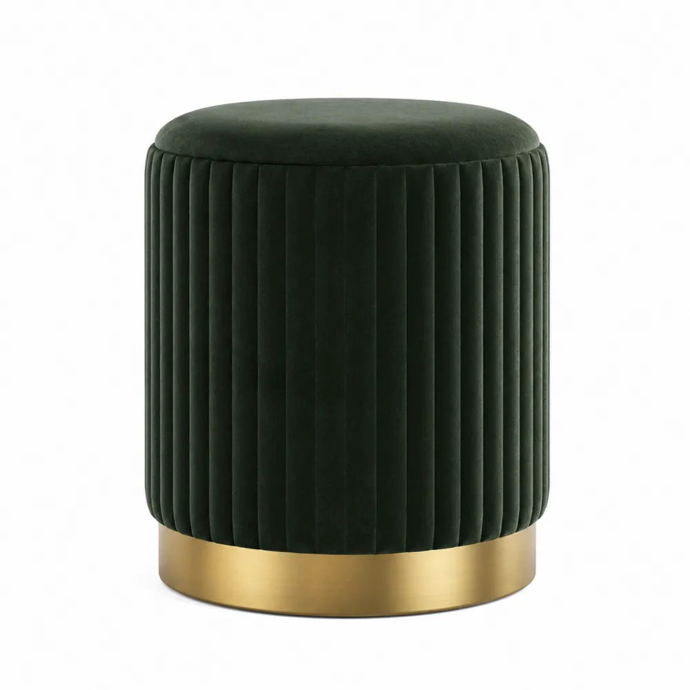 Pouf poggiapiedi cilindrico in velluto poliestere verde scuro con base in metallo dorato e struttura in MDF 40 cm x 40 cm x 45 cm