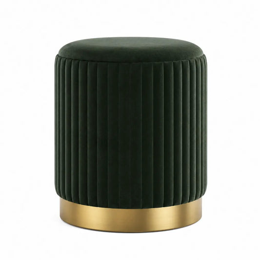 Pouf poggiapiedi cilindrico in velluto poliestere verde scuro con base in metallo dorato e struttura in MDF 40 cm x 40 cm x 45 cm