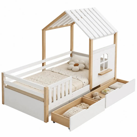 Letto per bambini a casetta 160x80 cm in legno di pino e MDF con rete a doghe e 2 cassetti contenitore struttura bianco e legno naturale