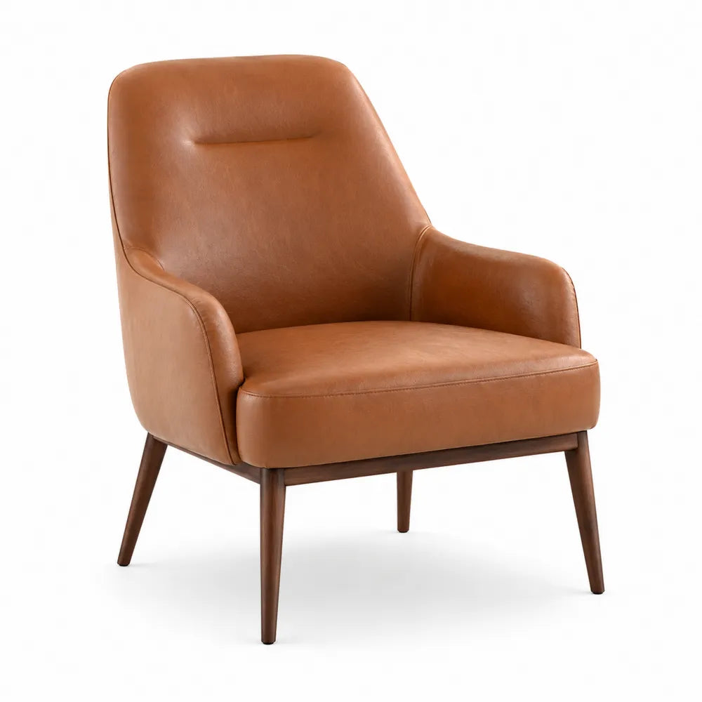 Poltrona imbottita in similpelle PU cognac schienale alto con braccioli gambe in legno 75 cm 80 cm 90 cm