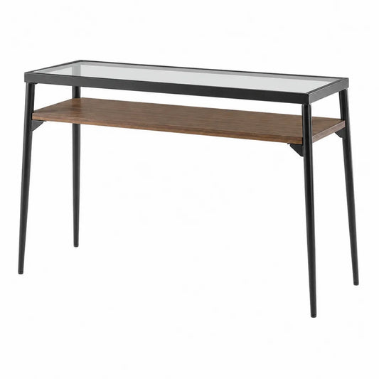 Scrivania con piano in vetro temperato e ripiano in legno ingegnerizzato struttura in metallo nero 120 x 60 x 75 cm trasparente nero legno naturale