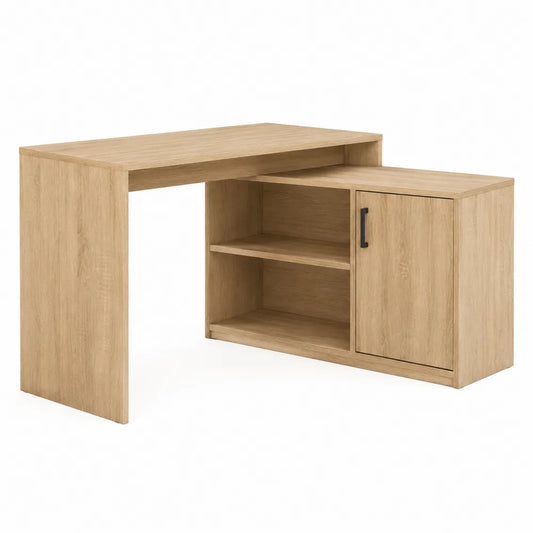 Scrivania a L 140 cm x 120 cm x 75 cm in legno ingegnerizzato effetto rovere chiaro con mobile laterale e vano a giorno struttura in legno naturale