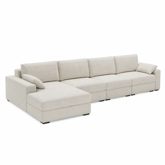 Divano angolare modulare in tessuto beige chiaro con chaise 300 x 175 x 85 cm struttura in legno multistrato e schiuma poliuretanica