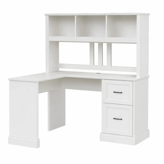 Scrivania ad angolo 140 x 120 x 180 cm in pannelli melaminici bianchi con libreria superiore e cassettiera integrata con 2 cassetti struttura a L