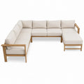 Divano modulare a L con chaise longue in tessuto poliestere colore beige struttura in legno gambe in legno massello stile moderno