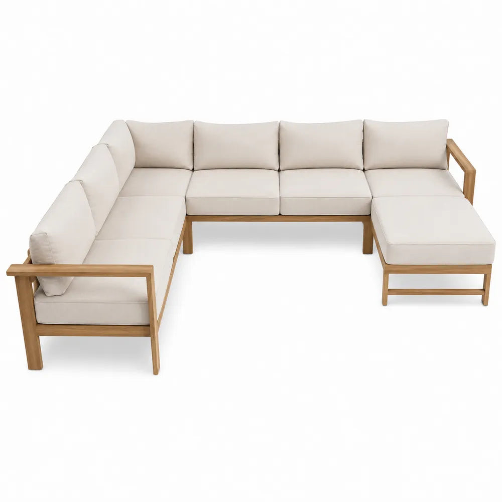 Divano modulare a L con chaise longue in tessuto poliestere colore beige struttura in legno gambe in legno massello stile moderno