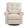 Poltrona girevole imbottita con braccioli rivestimento in tessuto colore beige struttura in legno e base in metallo nero stile moderno