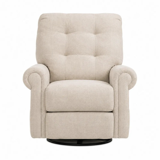 Poltrona girevole imbottita con braccioli rivestimento in tessuto colore beige struttura in legno e base in metallo nero stile moderno