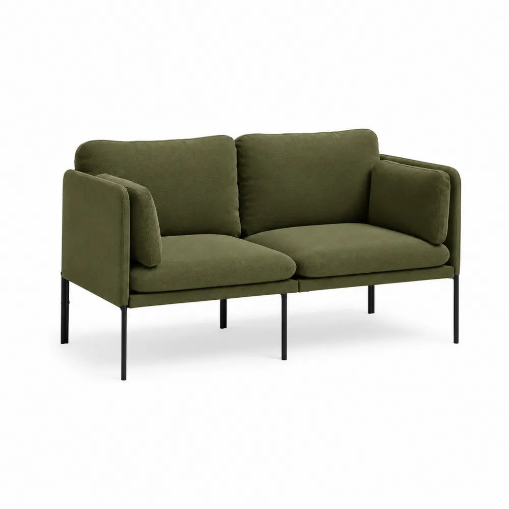 Divano a due posti in tessuto verde oliva struttura in metallo nero gambe sottili 150 cm 80 cm 85 cm