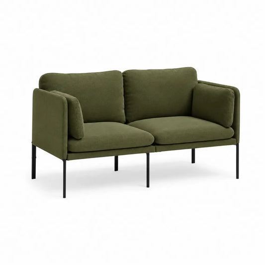 Divano a due posti in tessuto verde oliva struttura in metallo nero gambe sottili 150 cm 80 cm 85 cm
