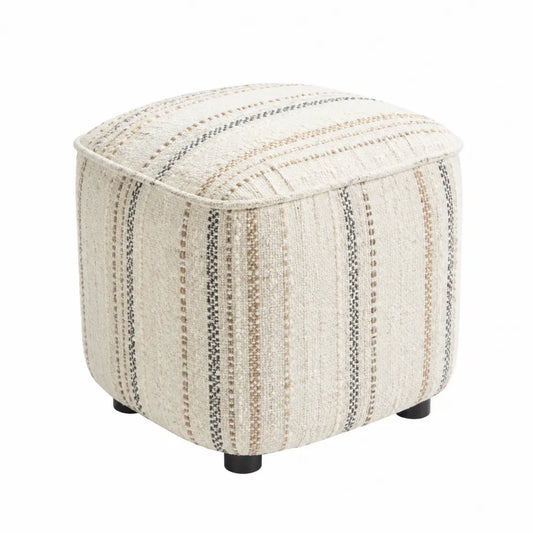 Pouf poggiapiedi in tessuto poliestere a righe beige con struttura in MDF e base nera 45 cm 45 cm 45 cm