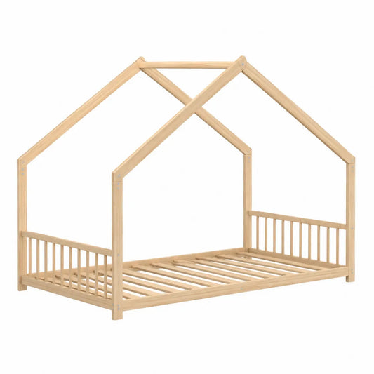 Letto a casetta singolo 90 x 200 cm in legno massello di pino con struttura a tetto e rete a doghe colore legno naturale
