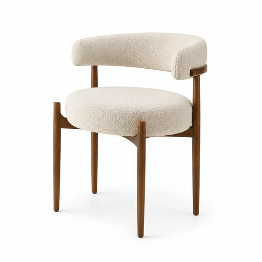 Sedia imbottita in tessuto bouclé beige con struttura in legno massello di faggio 80 x 55 x 55 cm schienale curvo