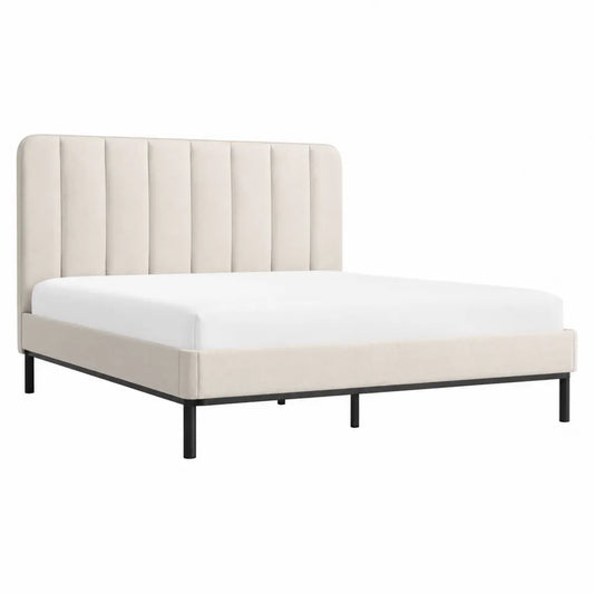 Letto matrimoniale con testiera imbottita struttura in acciaio nero rete a doghe in legno ingegnerizzato rivestimento tessuto poliestere colore beige dimensioni 200 cm x 160 cm